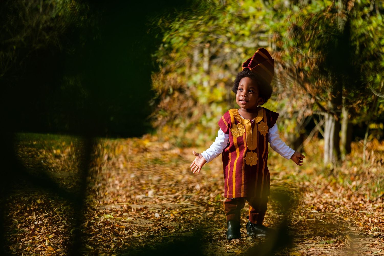 Child playing in fallen autumn leaves on a sunlit forest path during a golden afternoon.