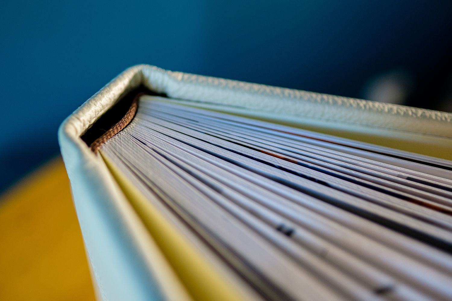 Detailed side view of stacked book pages creating parallel lines against blurred background.