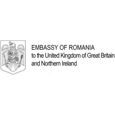 Official Embassy of Romania to UK logo with heraldic eagle shield and text.