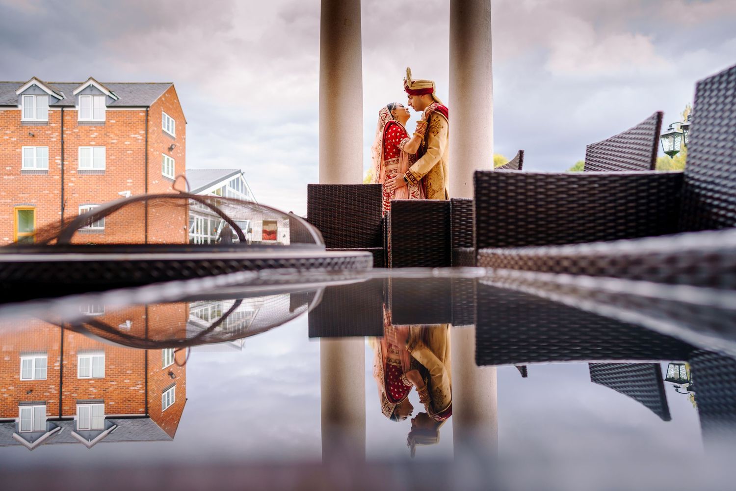 Artistic wedding photography collage showing architectural reflections in puddles and geometric urban compositions.