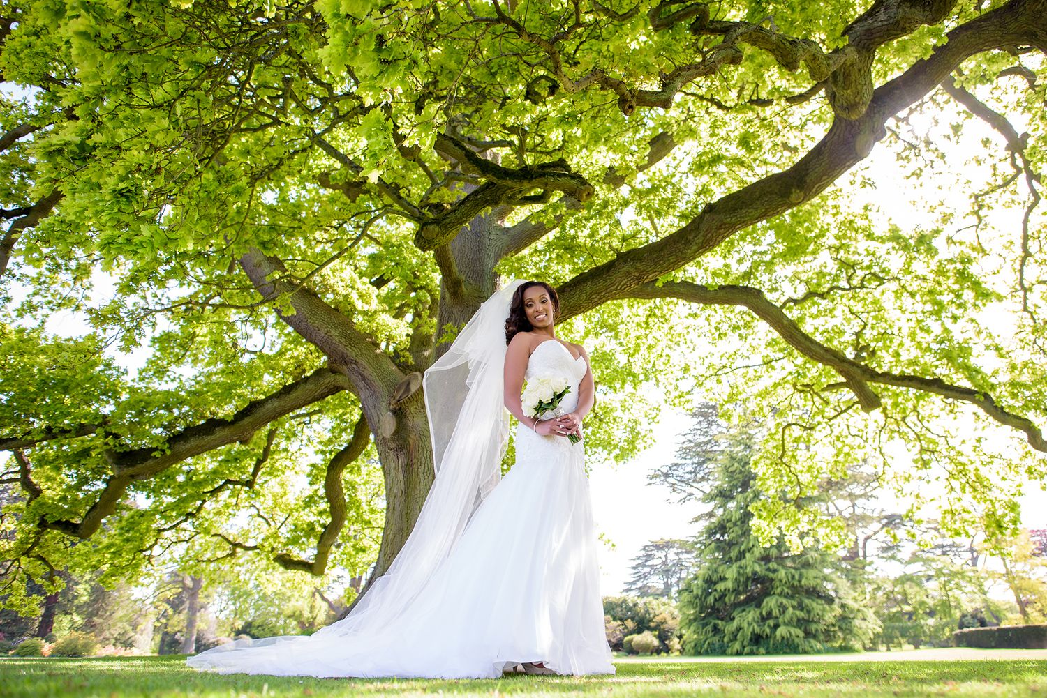 Wedding couple poses under verdant green trees in a scenic garden setting.