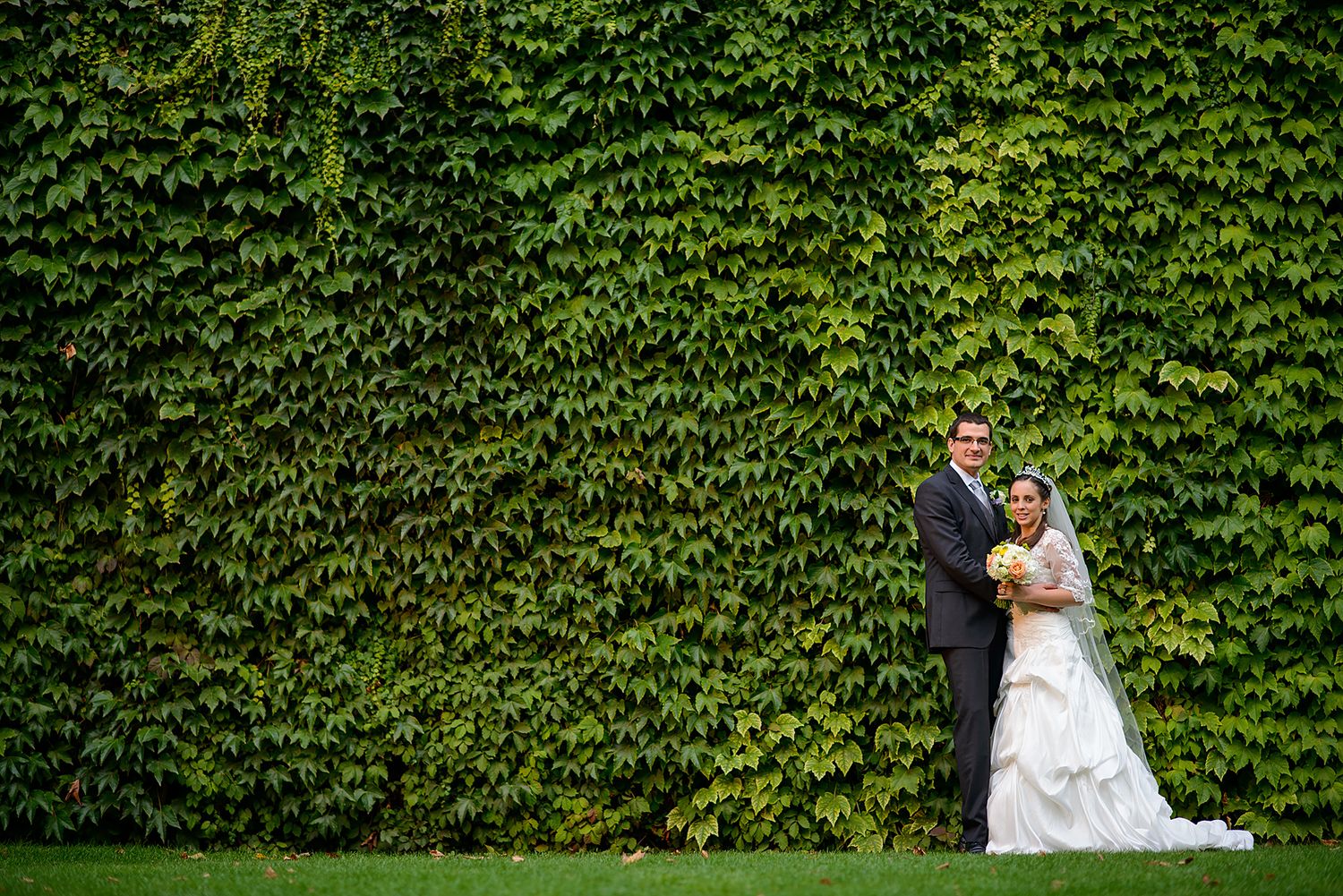 Wedding portraits against a lush green ivy covered wall backdrop.