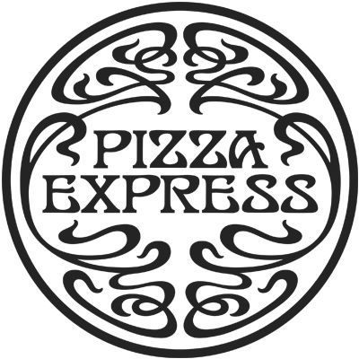Pizza Express restaurant chain logo with ornate decorative swirls.