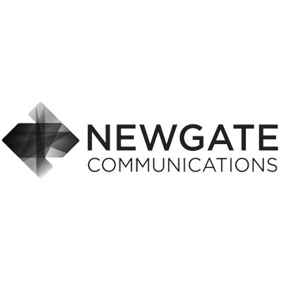 Geometric black and white Newgate Communications corporate logo with angular diamond shape.