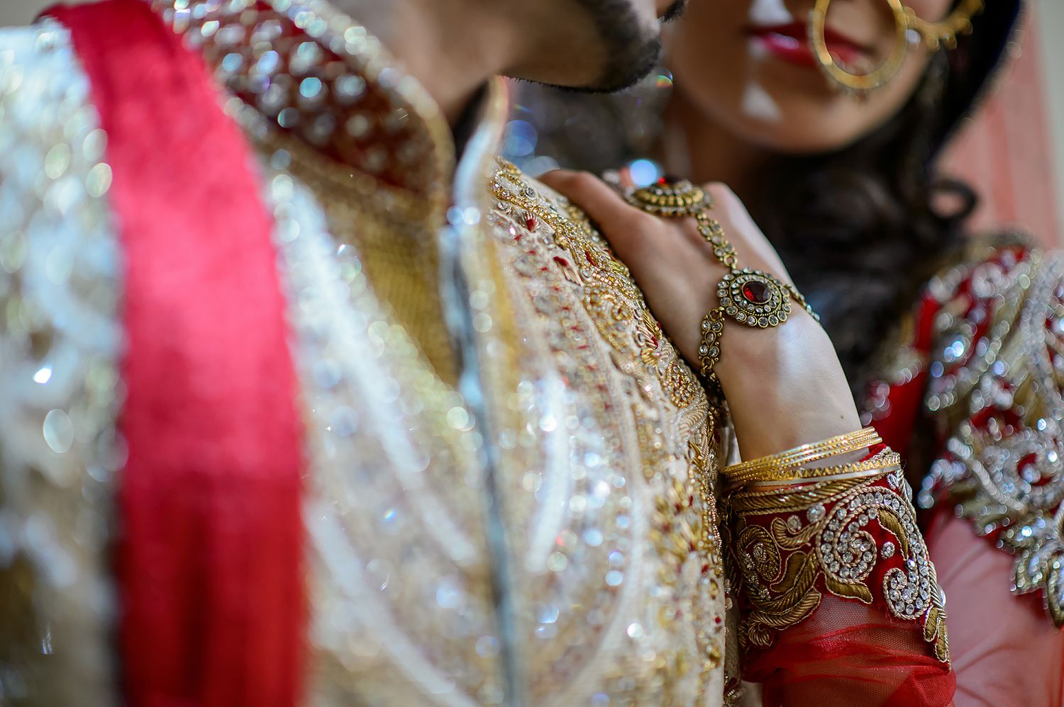 Artistic wedding photography showing detailed embellishments on traditional attire.