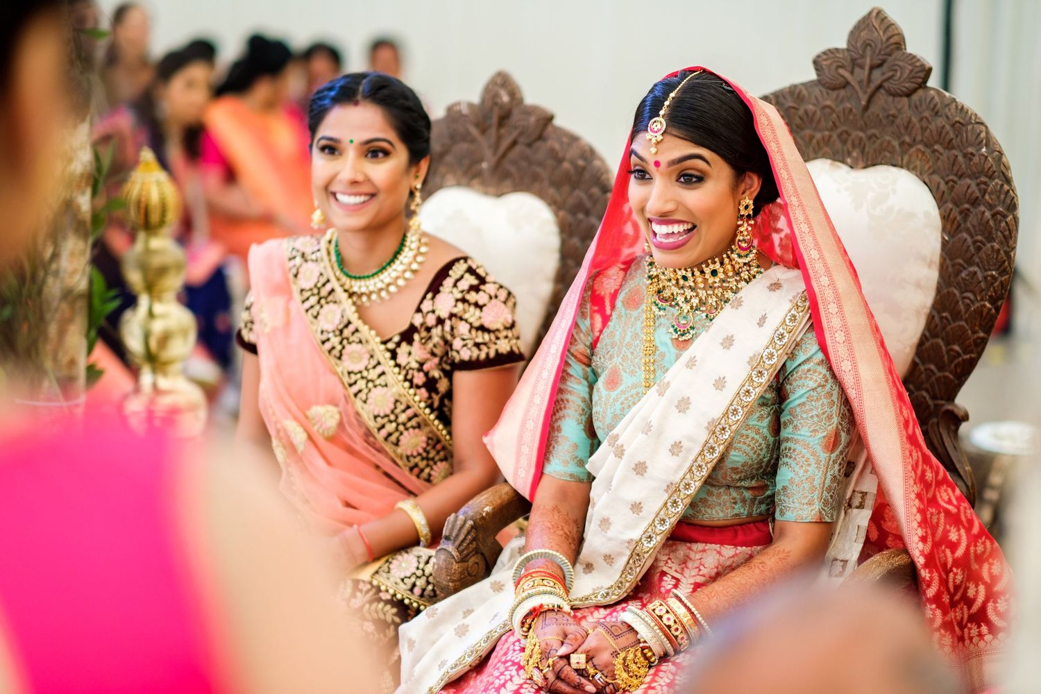 Festive wedding celebration featuring vibrant traditional Indian attire and decorations.