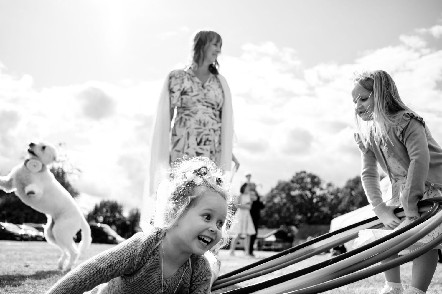 Wedding party poses for candid photos on a sunny day in a grassy field.