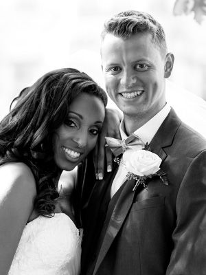 Black and white wedding photographs showing loving moments between newlyweds.