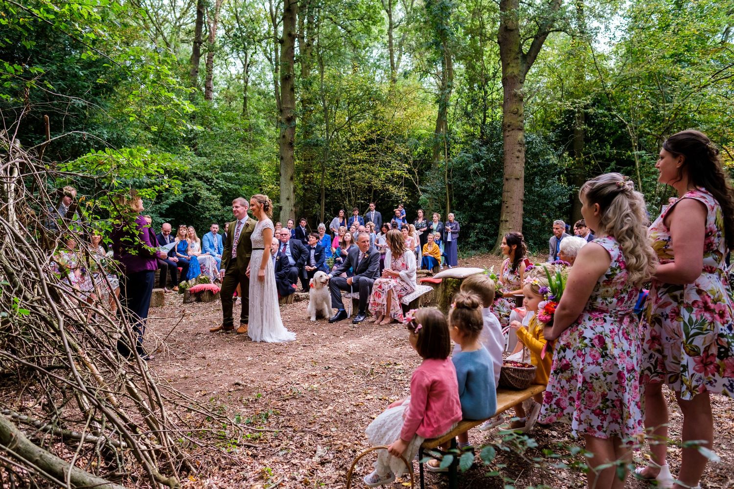Wedding guests gather in a wooded outdoor ceremony space surrounded by trees.