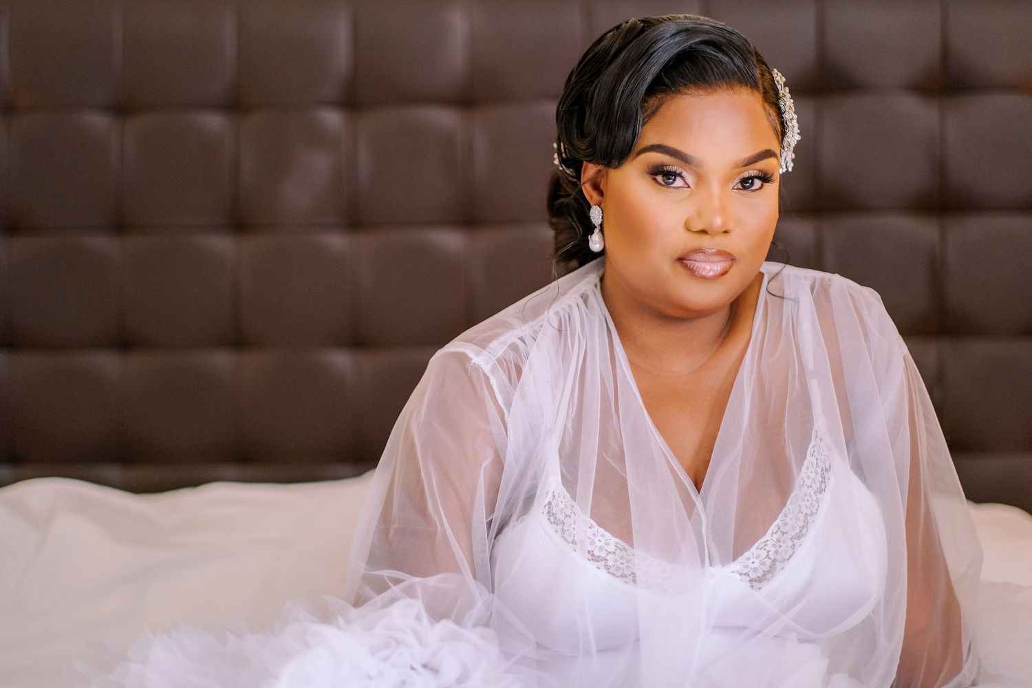 Close-up portrait shots showing elegant bridal styling and makeup in a luxurious setting.