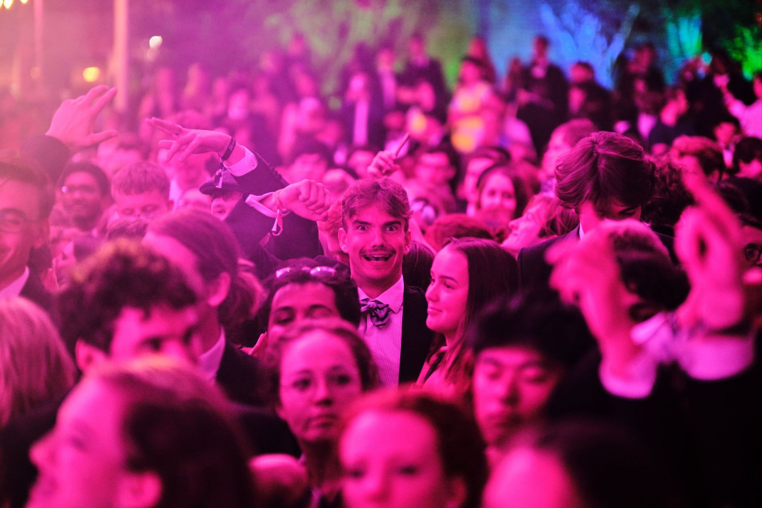 A large concert crowd bathed in vibrant pink and blue lighting illuminates the excited audience during a live performance.