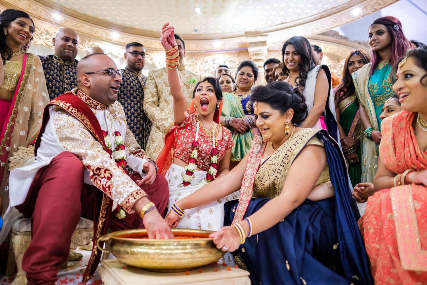 Vibrant scenes from an Indian wedding celebration with guests in traditional attire.
