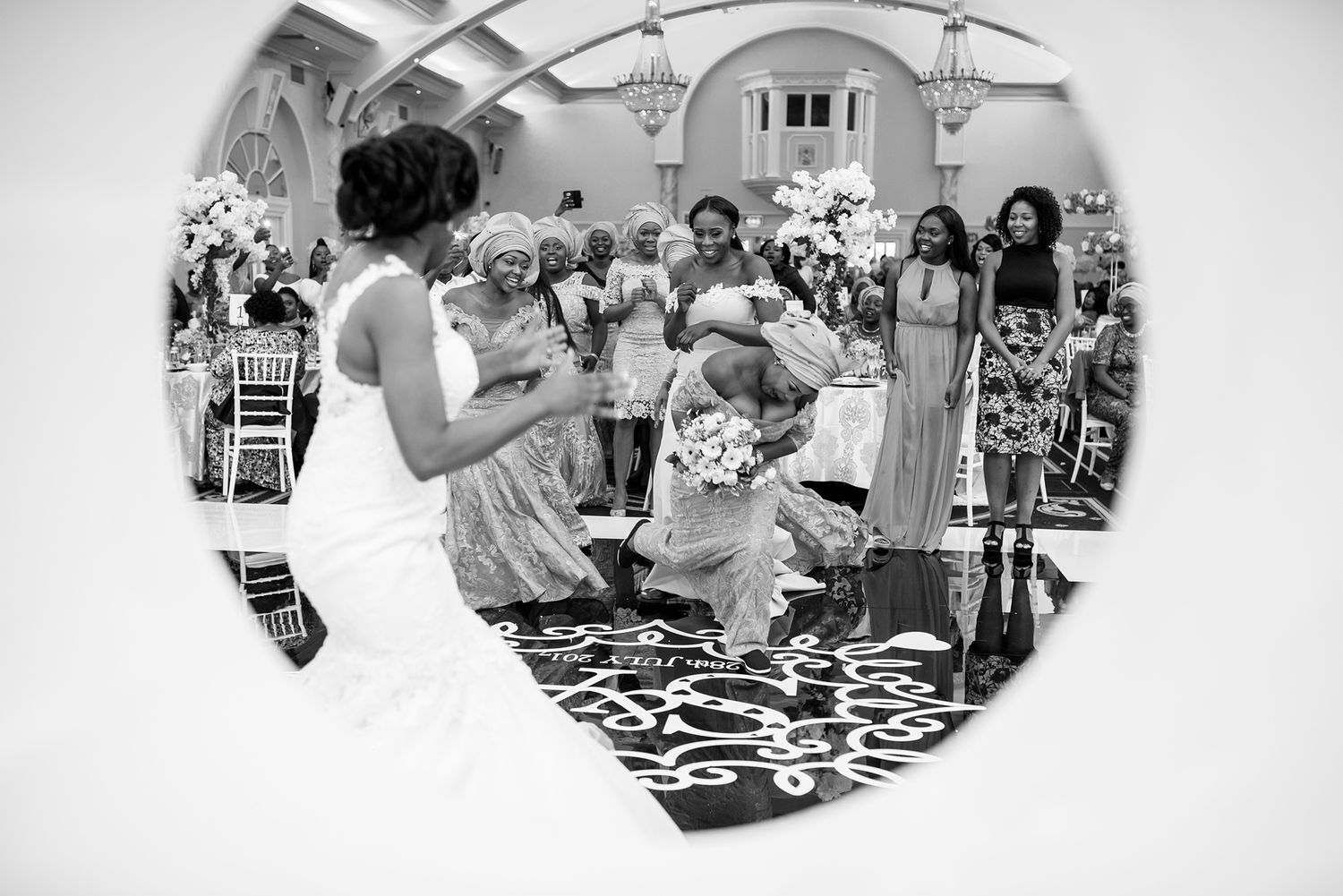 Black and white photo series showing joyful dance floor moments at a wedding reception.