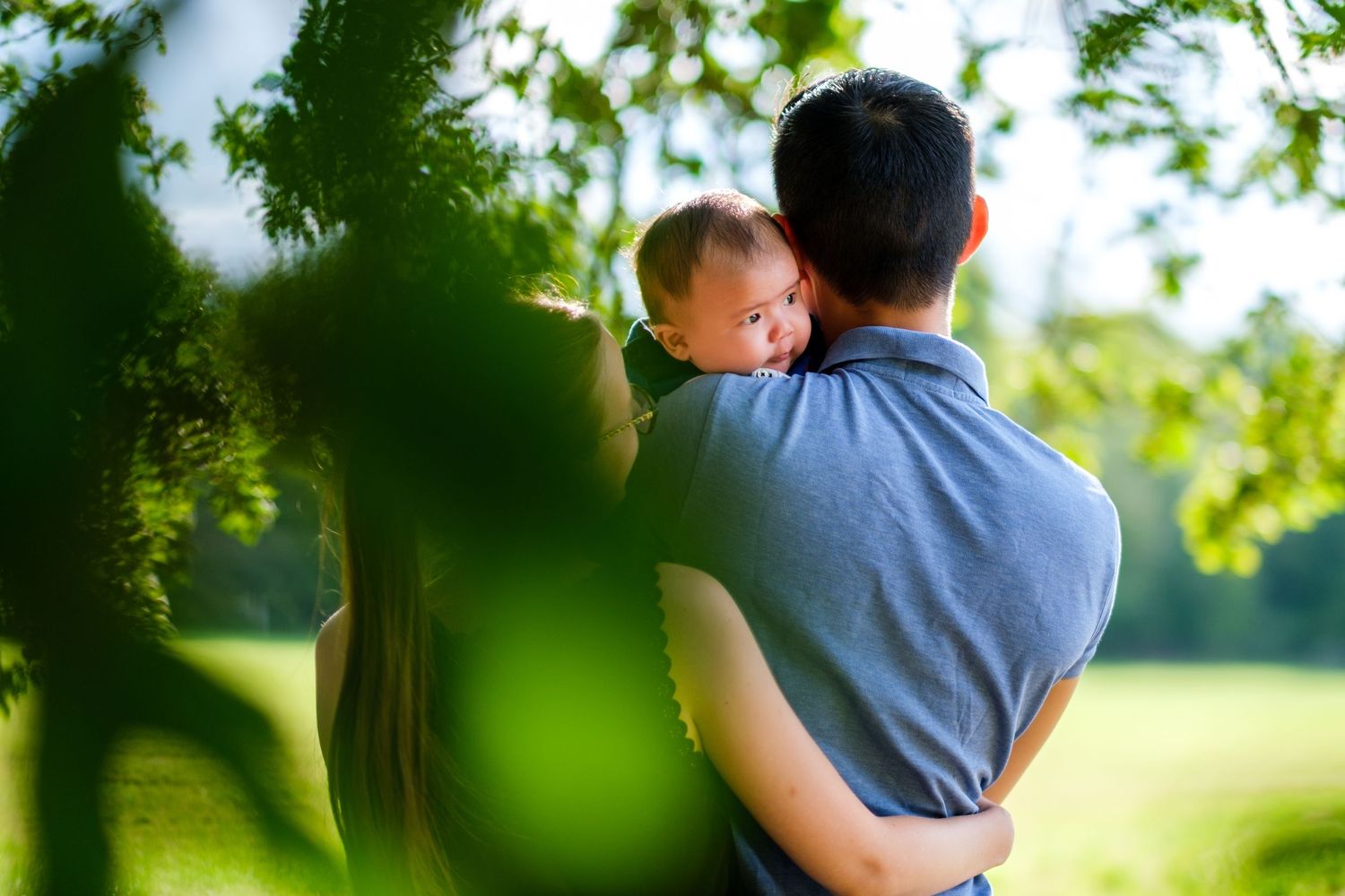 Family silhouettes embracing in a sunlit park with soft bokeh and greenery.