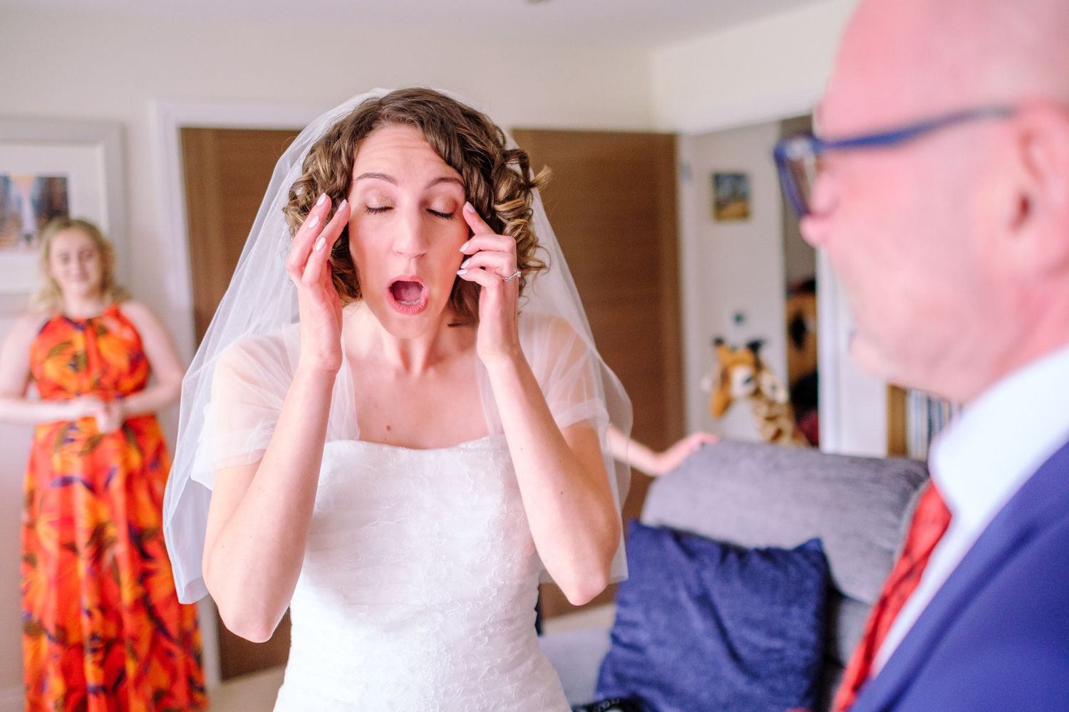 A series of emotional moments from a wedding day showing preparations and candid interactions between people.