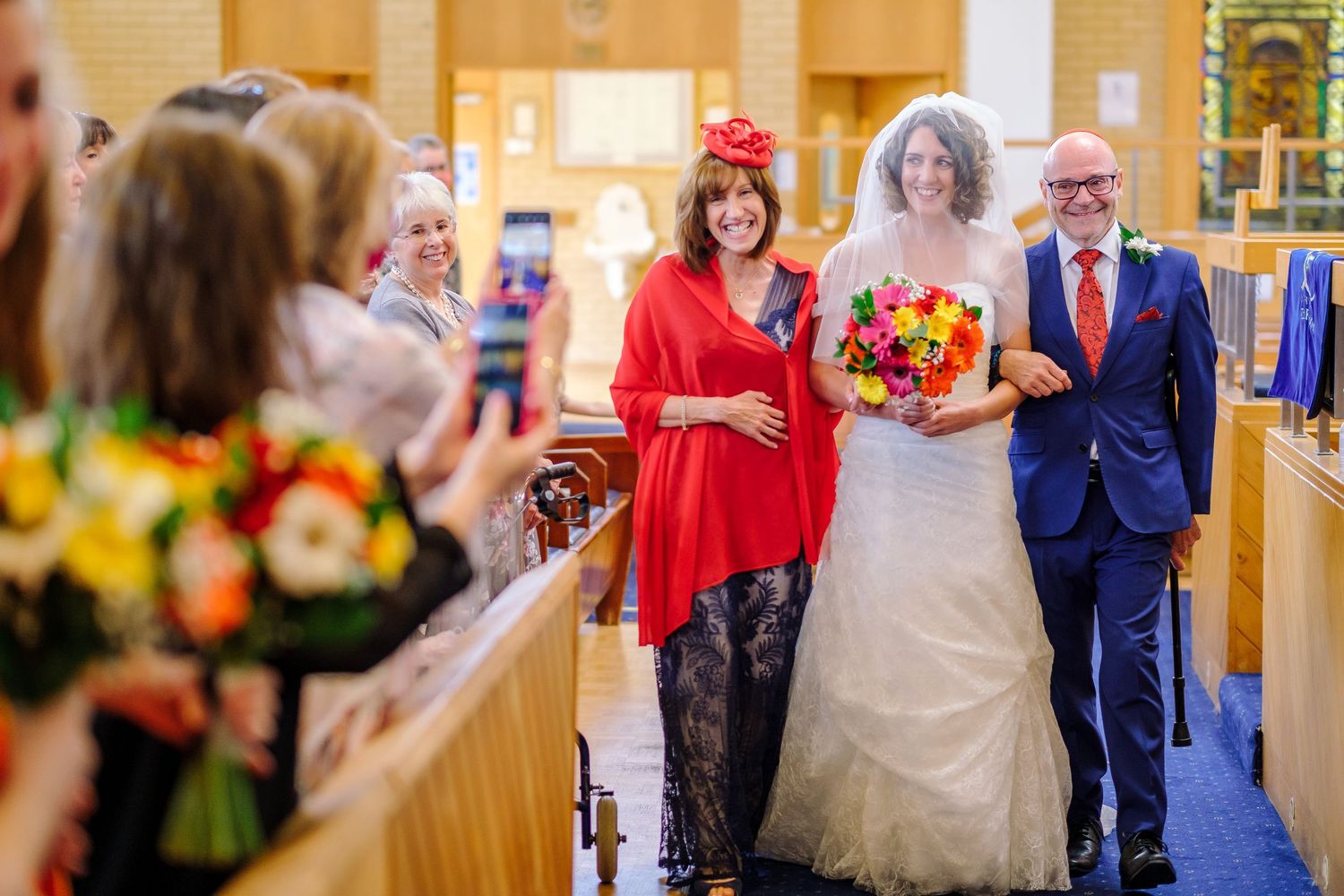 A collage of wedding celebration moments showing guests and couples in a church and reception venue.