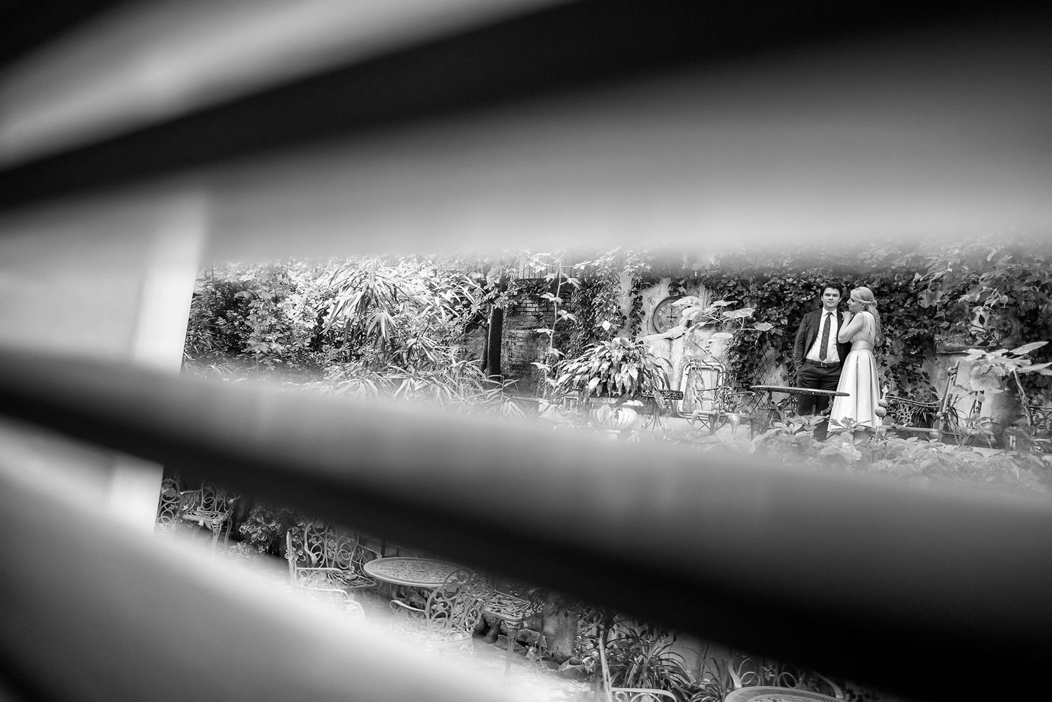 Panoramic black and white landscape view through a creative vignette effect.