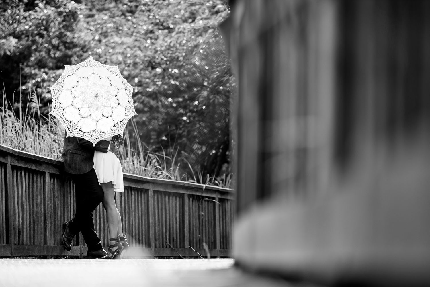 Black and white photo showing silhouettes against a garden backdrop.
