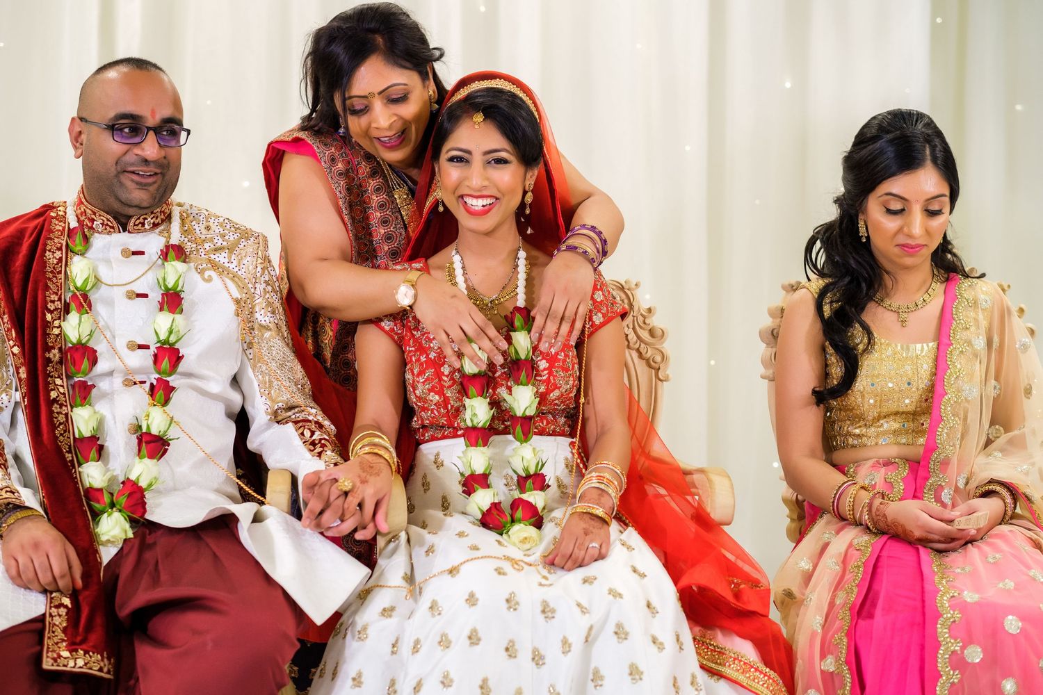 A collection of intimate moments from an Indian wedding ceremony showing couples in traditional attire and decorative settings.