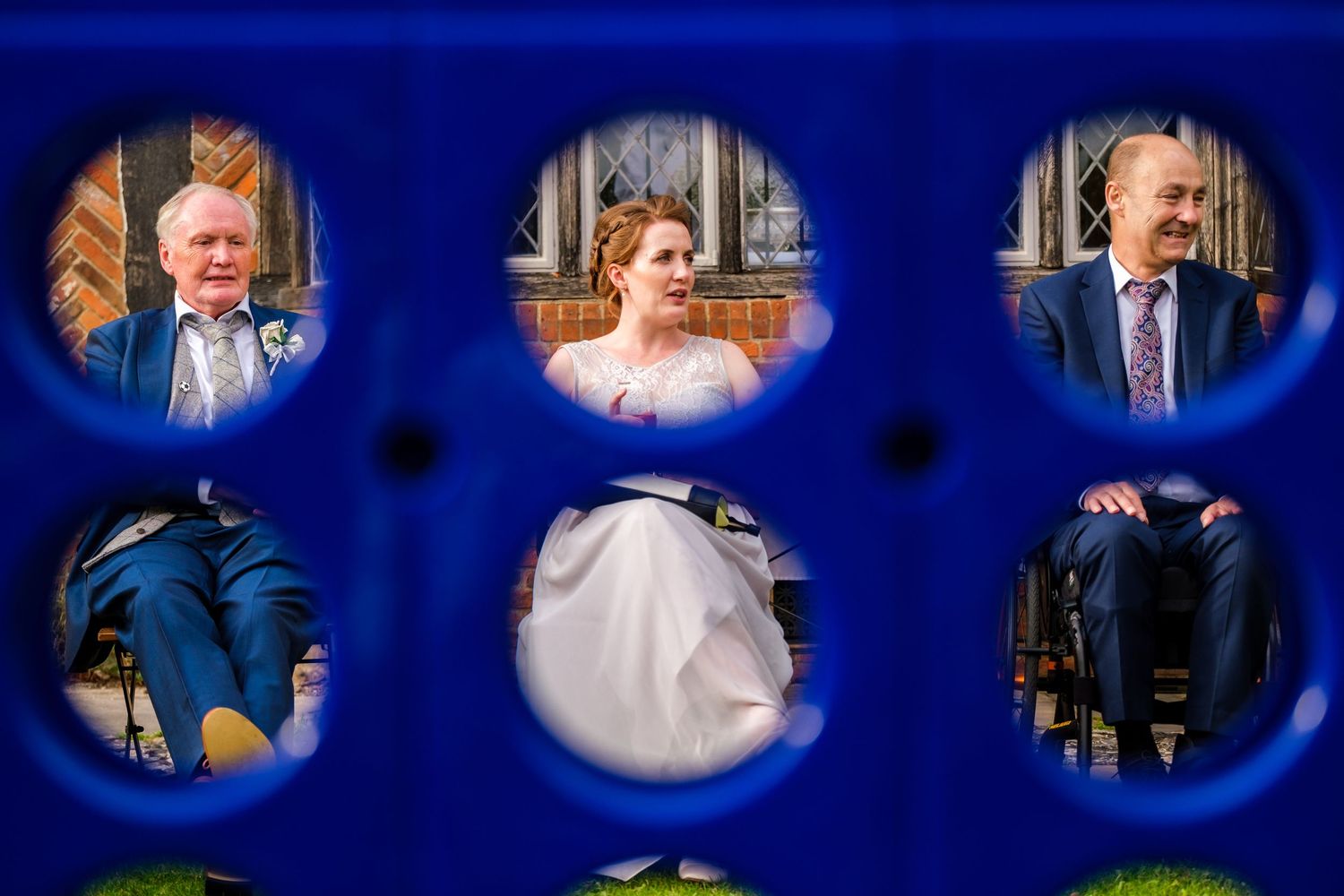 Wedding photo sequence with blue vignette borders showing intimate moments during a celebration.