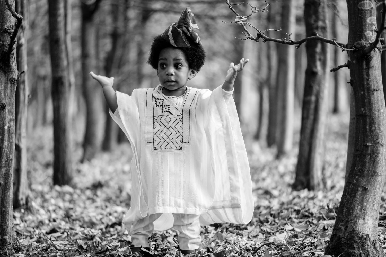 Black and white forest scene with white clothing hanging between trees in a dramatic composition.