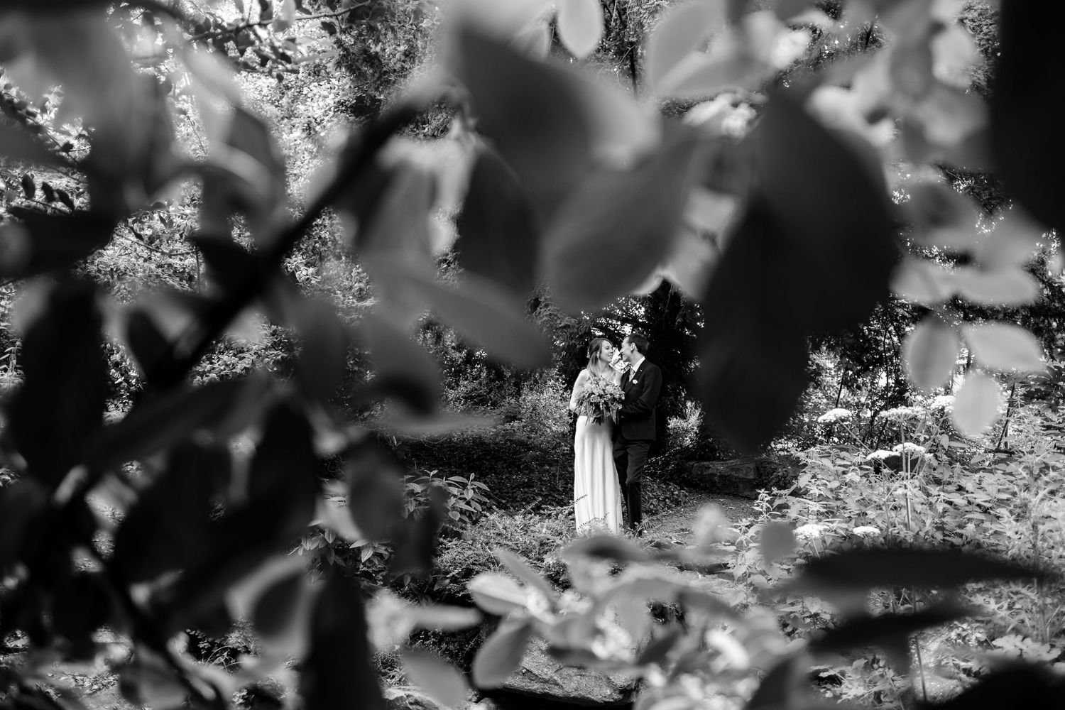 Artistic black and white wedding portrait through foliage and bokeh.