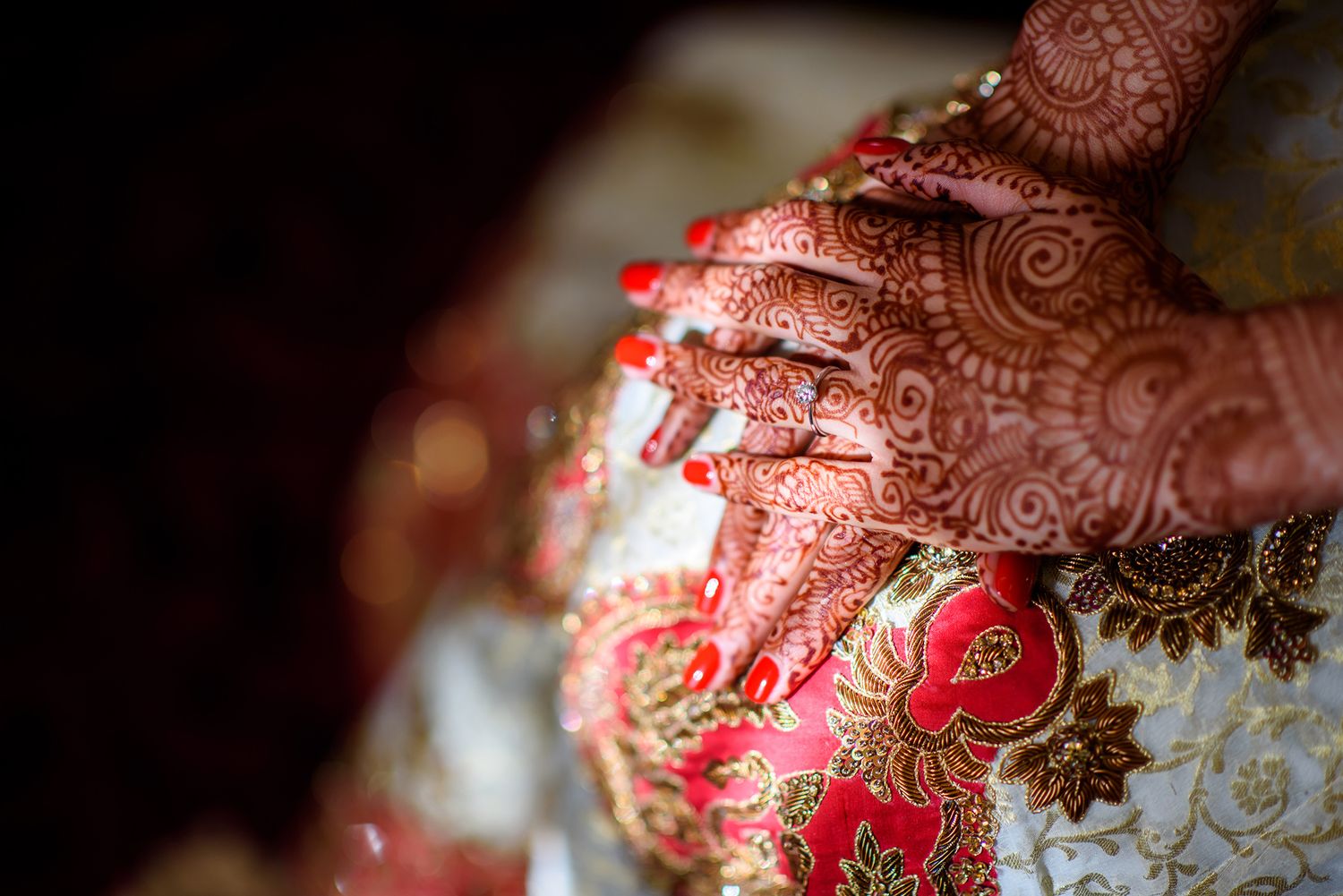 Detailed shot of intricate henna designs and traditional jewelry.