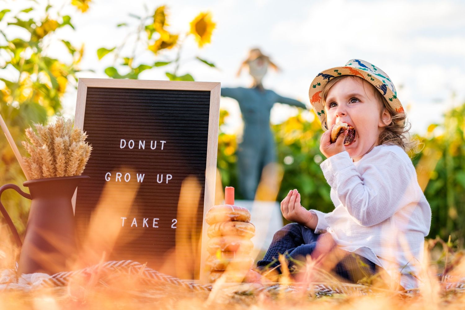 Children playing in a sunflower field during sunset with lifestyle photography elements.