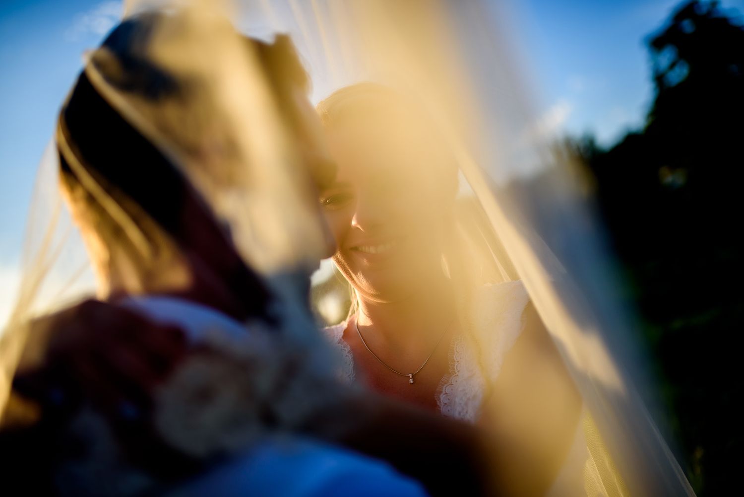 Sunlight streams through trees creating a dreamy bokeh effect at an outdoor gathering.