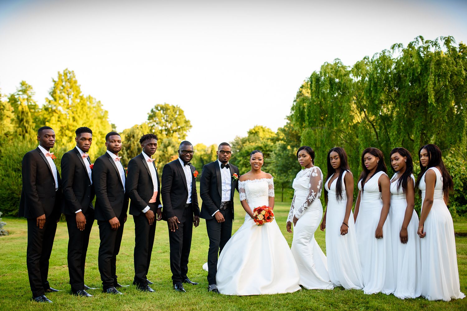 Full wedding party lines up for formal portrait with bridesmaids in white and groomsmen in black.