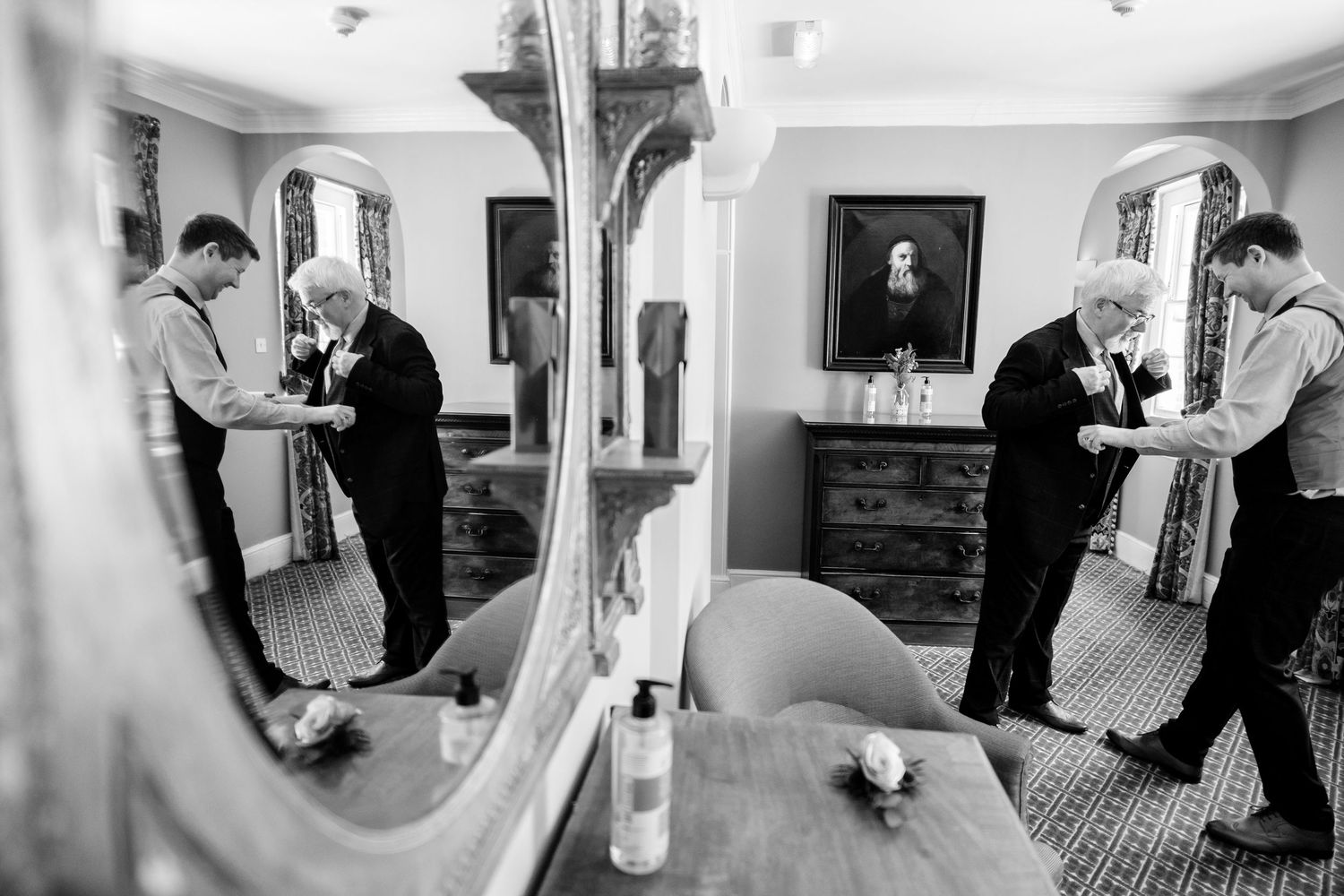 A sequence of black and white photos showing people in a medical facility with scanning equipment.