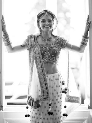 Collection of joyful moments showing a woman in traditional Indian bridal attire.