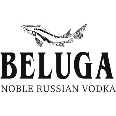 Beluga Noble Russian Vodka logo with stylized fish illustrations.
