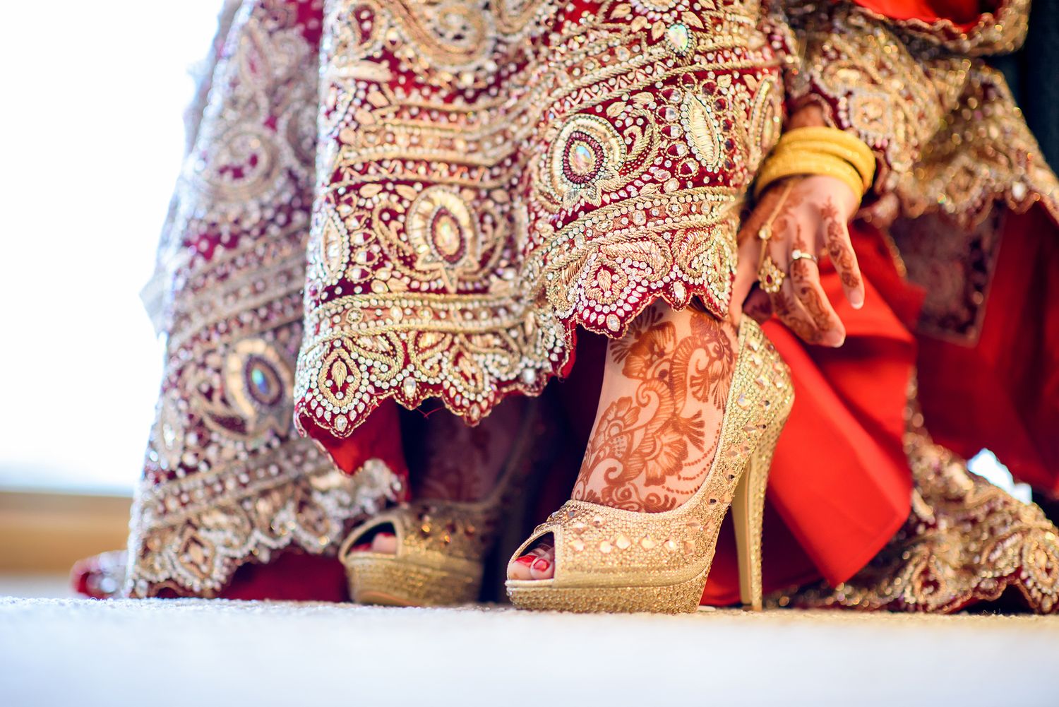 Detailed embroidery and beadwork on traditional South Asian wedding attire.
