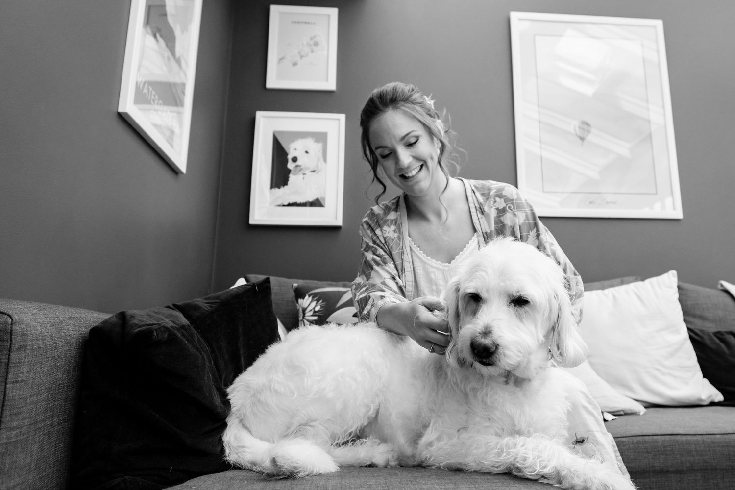 White dog lounges comfortably on a couch near some framed artwork on the wall.