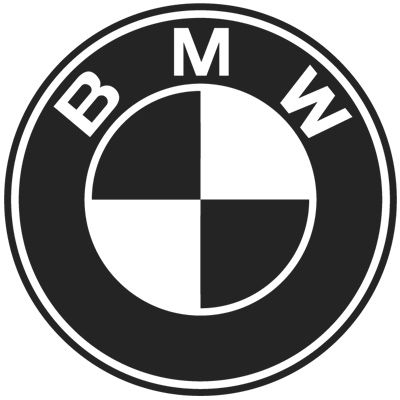 BMW logo sequence showing various iterations of the iconic circular emblem in black and white.