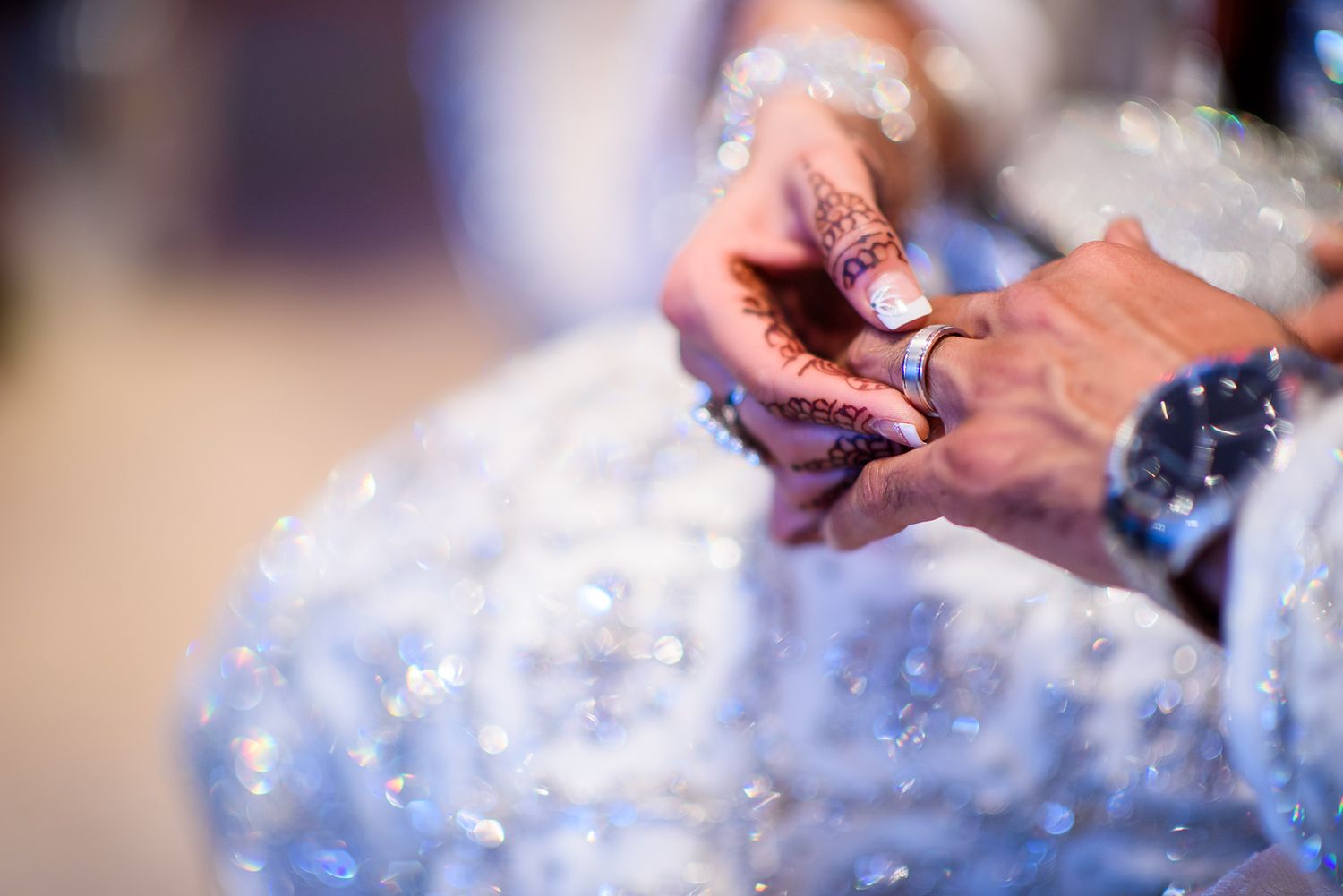 Detailed shots of sparkly wedding decorations with bokeh effects.