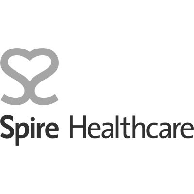 Spire Healthcare logo featuring abstract heart shape design in grayscale.