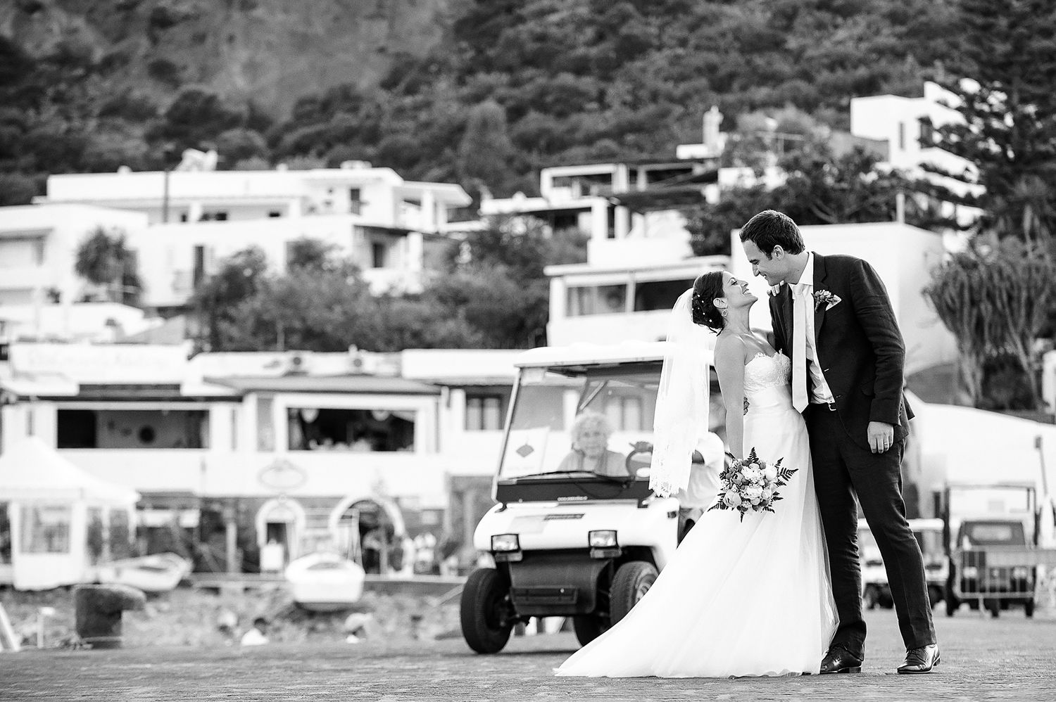 Wedding party poses for photos on scenic mountain overlook.