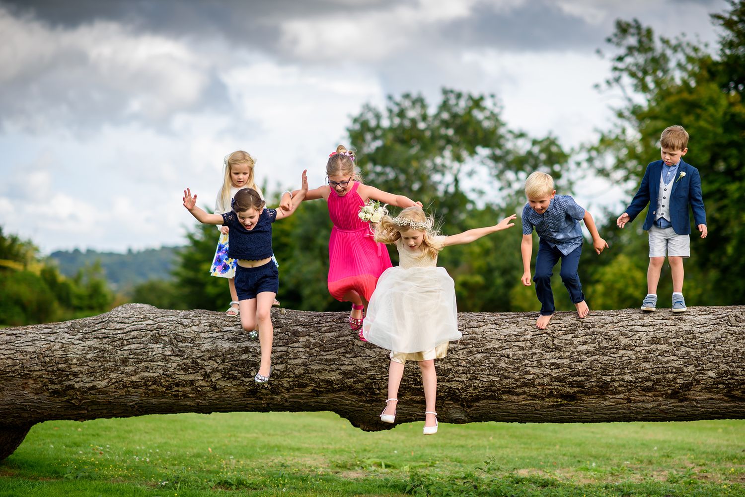 Wedding guests sitting and playing on large fallen log outdoors.