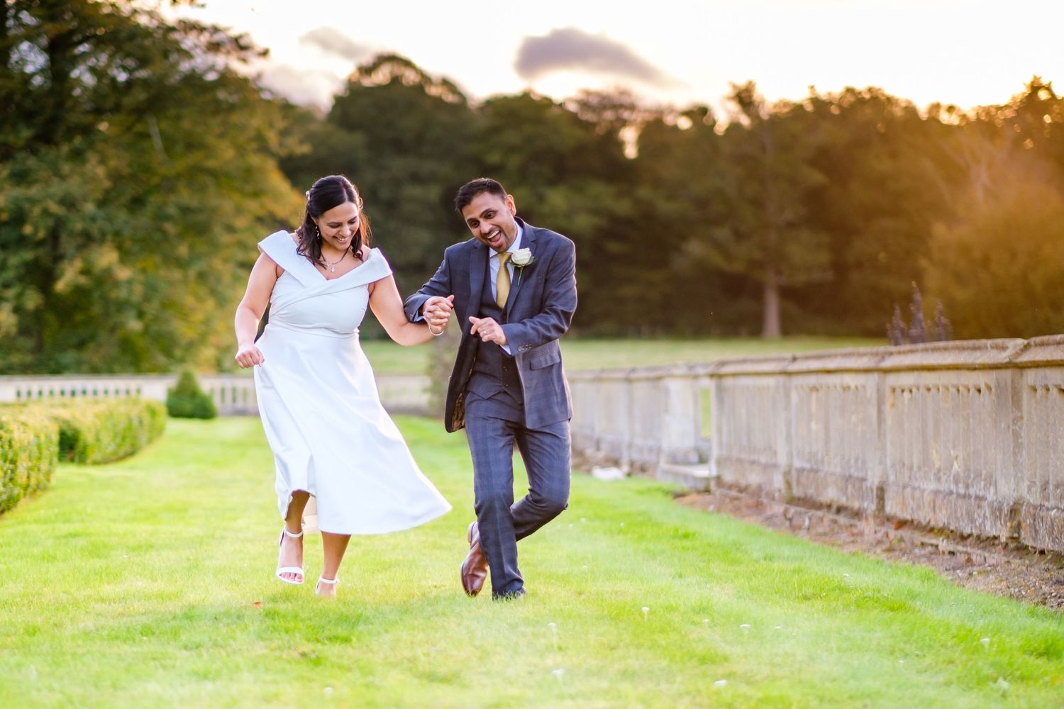 Romantic sunset couple photography session in a lush garden setting.