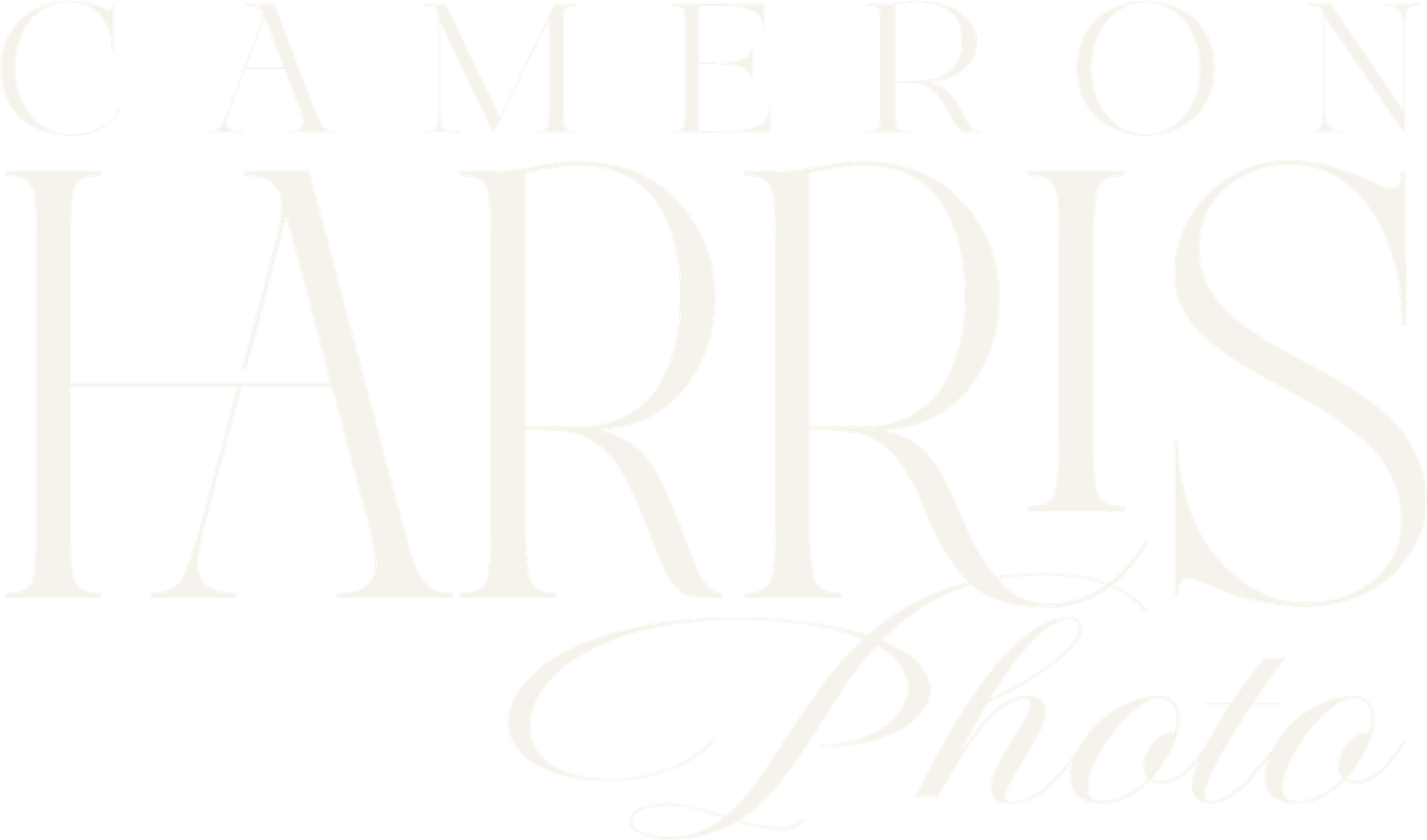 Cameron Harris Photo logo in cream white elegant serif typography.