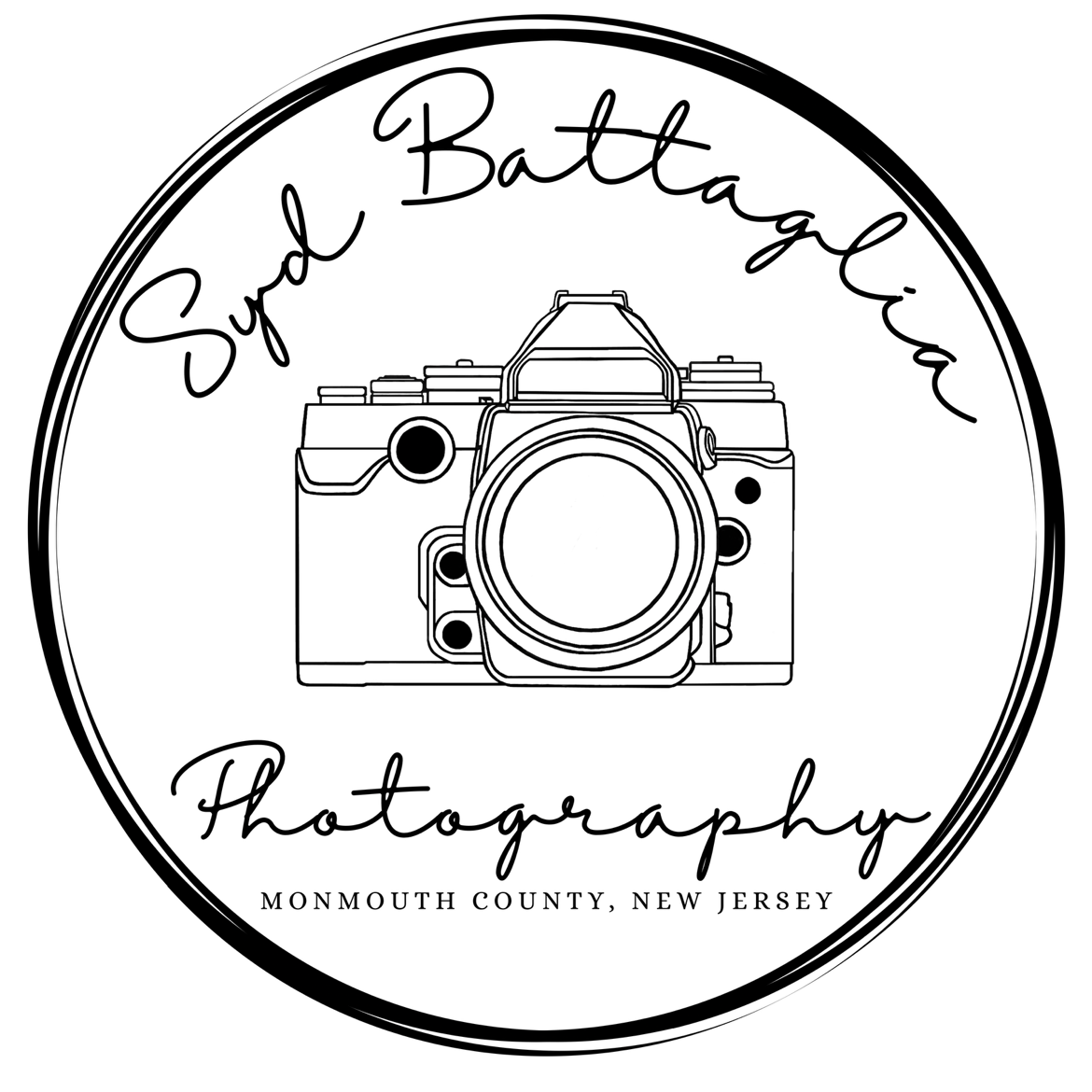 A collection of circular photography logo designs with camera icons and text arranged in a row.