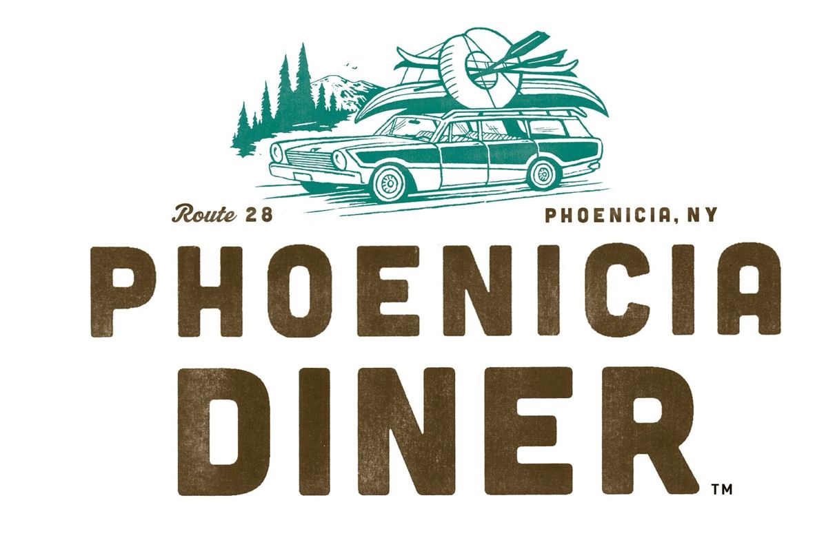 Vintage diner logo designs for Phoenicia Diner in New York featuring retro car and mountain graphics.