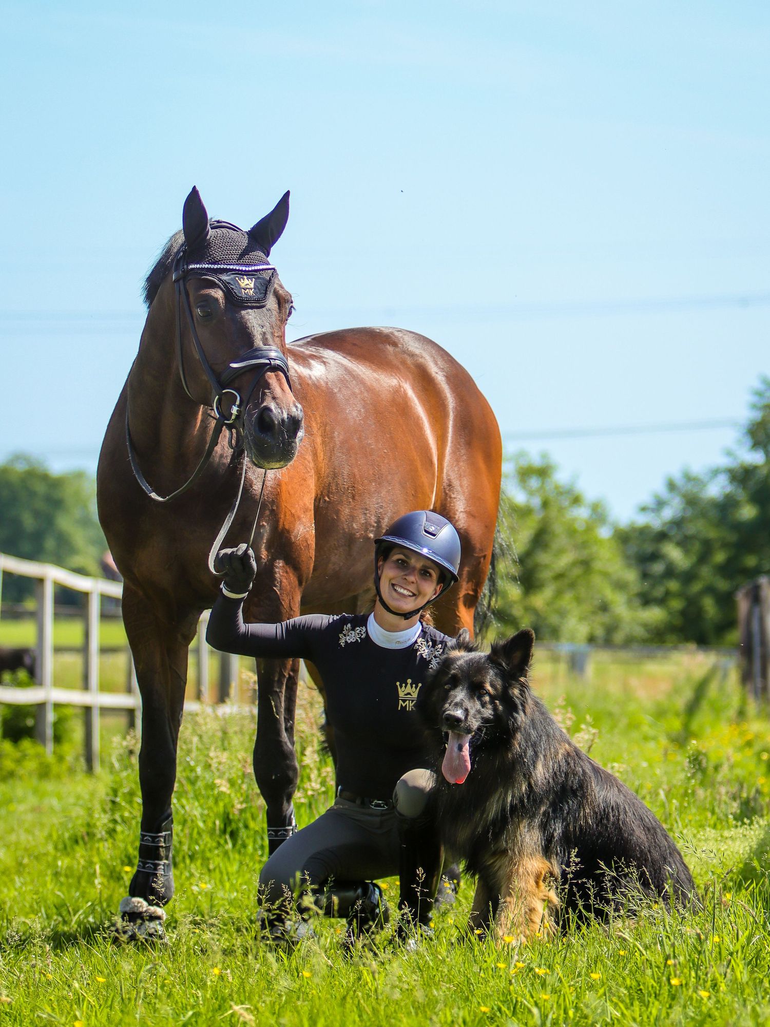 A smiling equestrian in a helmet poses with a bay horse and a black German Shepherd dog on a sunny green pasture.