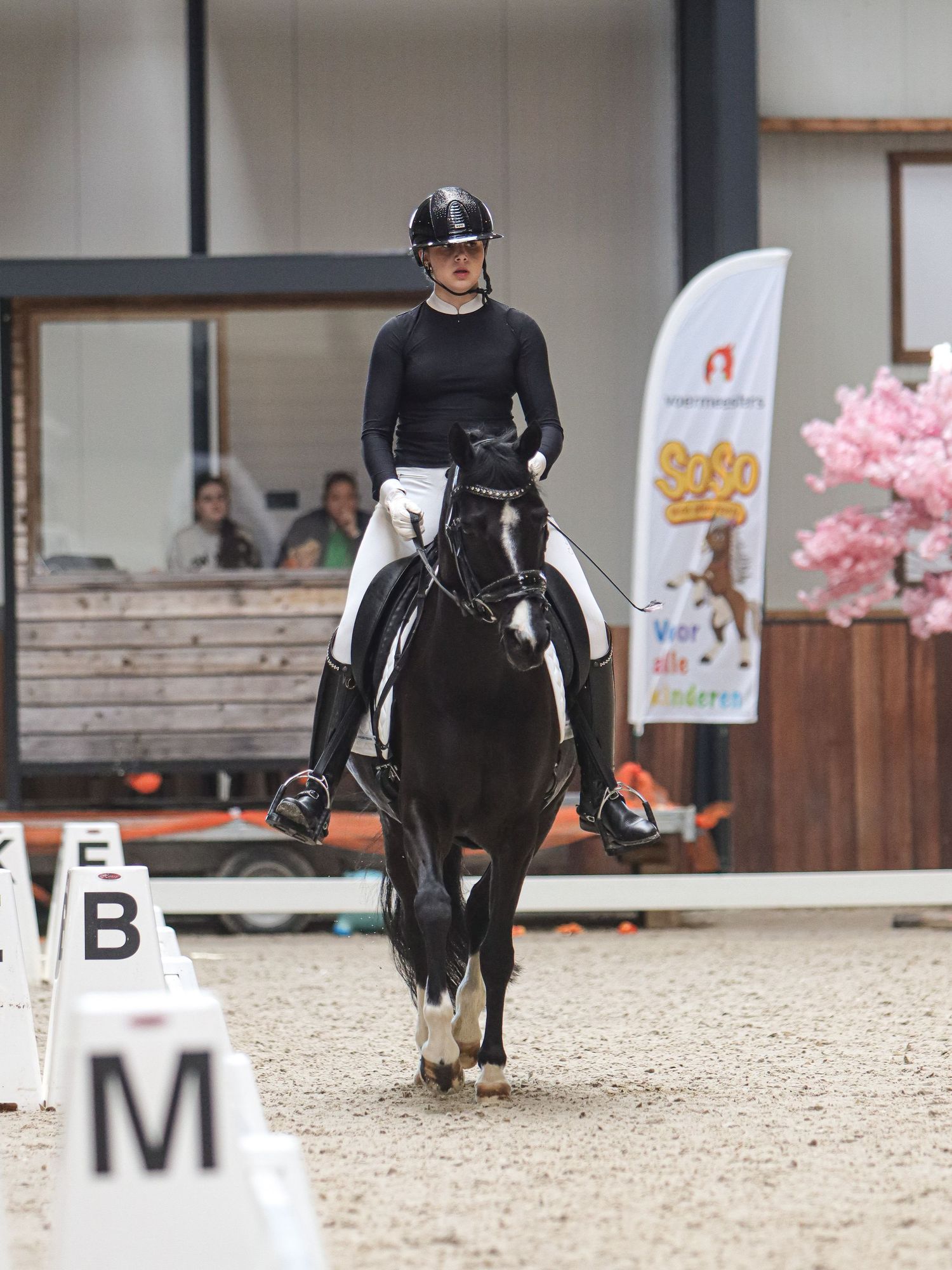 Rider in black outfit on a black and white horse competing in a dressage arena with letter markers B and M visible.