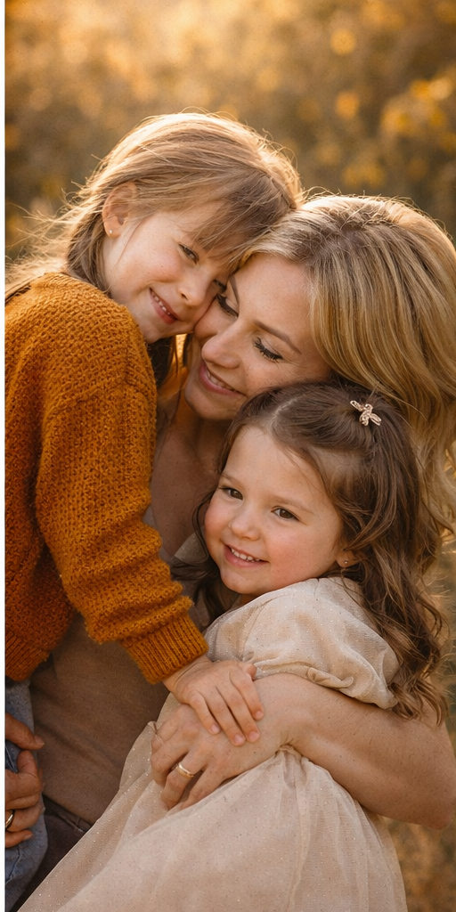 A warm autumn family portrait shows three people embracing and smiling together in golden sunlight.