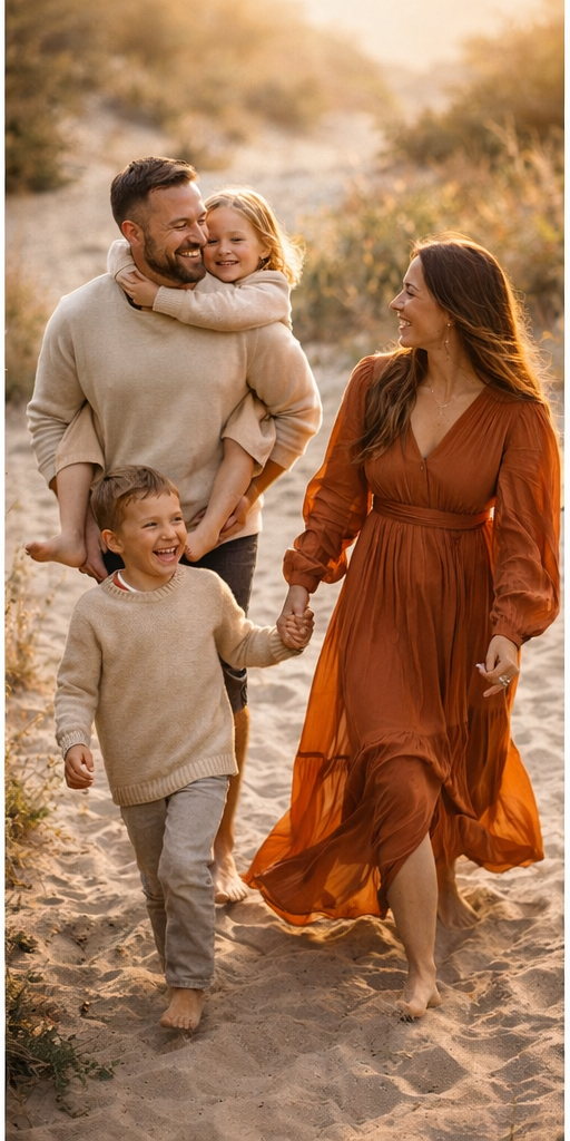 A family in coordinating beige and rust colored outfits plays together on a sandy beach at golden hour.