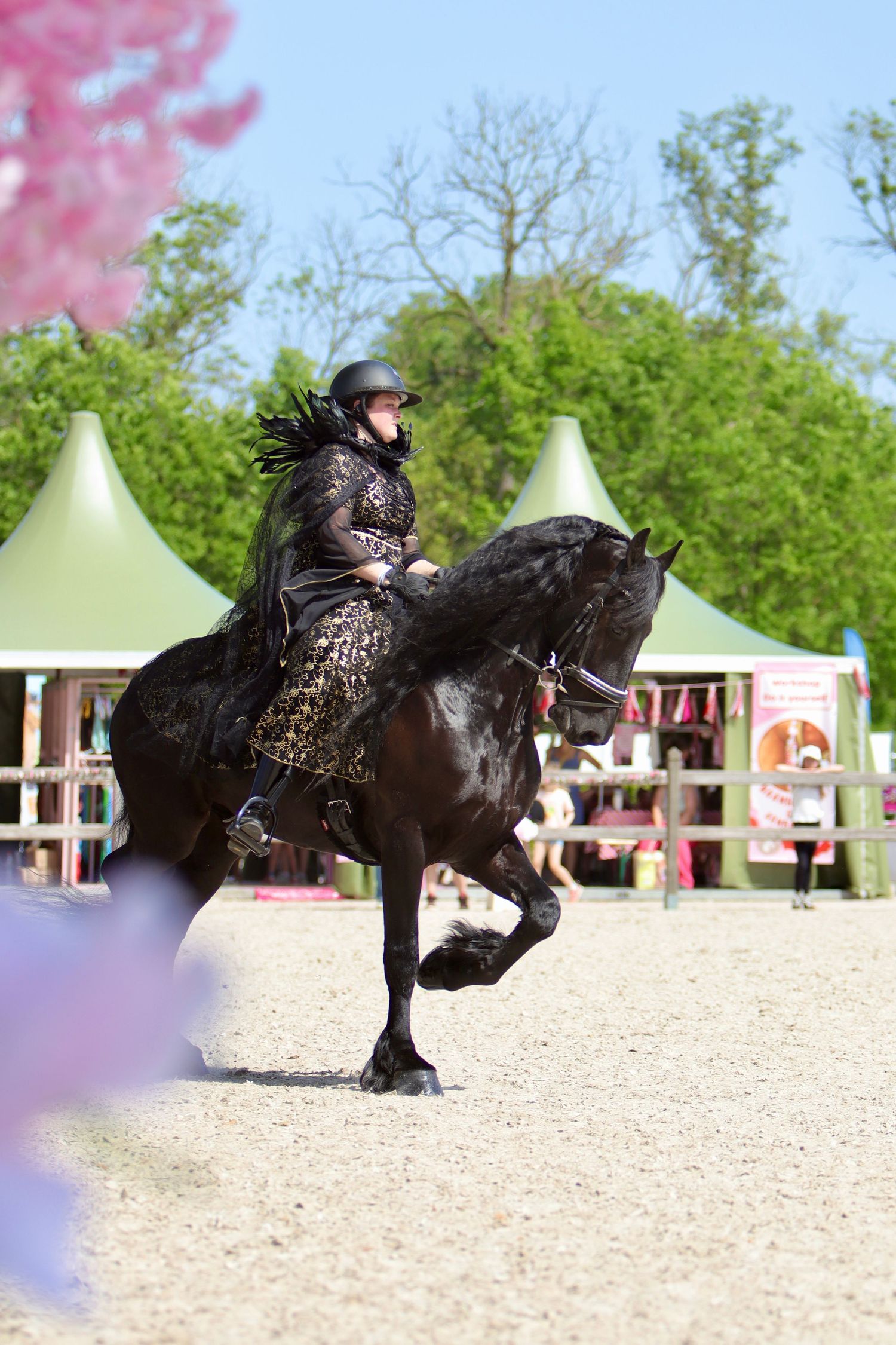 Rider in black costume performs a rearing maneuver on a black horse at an outdoor equestrian event.