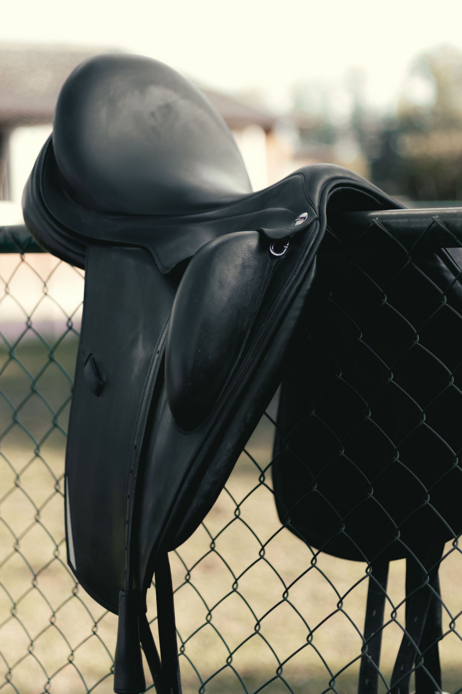 Three black leather English saddles displayed in a row against a chain link fence with blurred background.